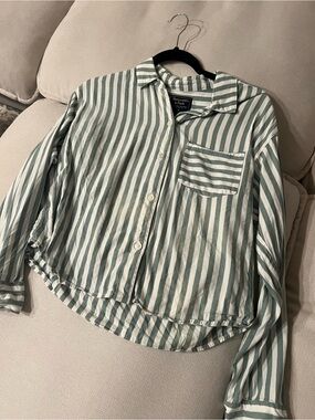 Abercrombie and Fitch Green White Vertical Striped Button Down Up Blouse Shirt